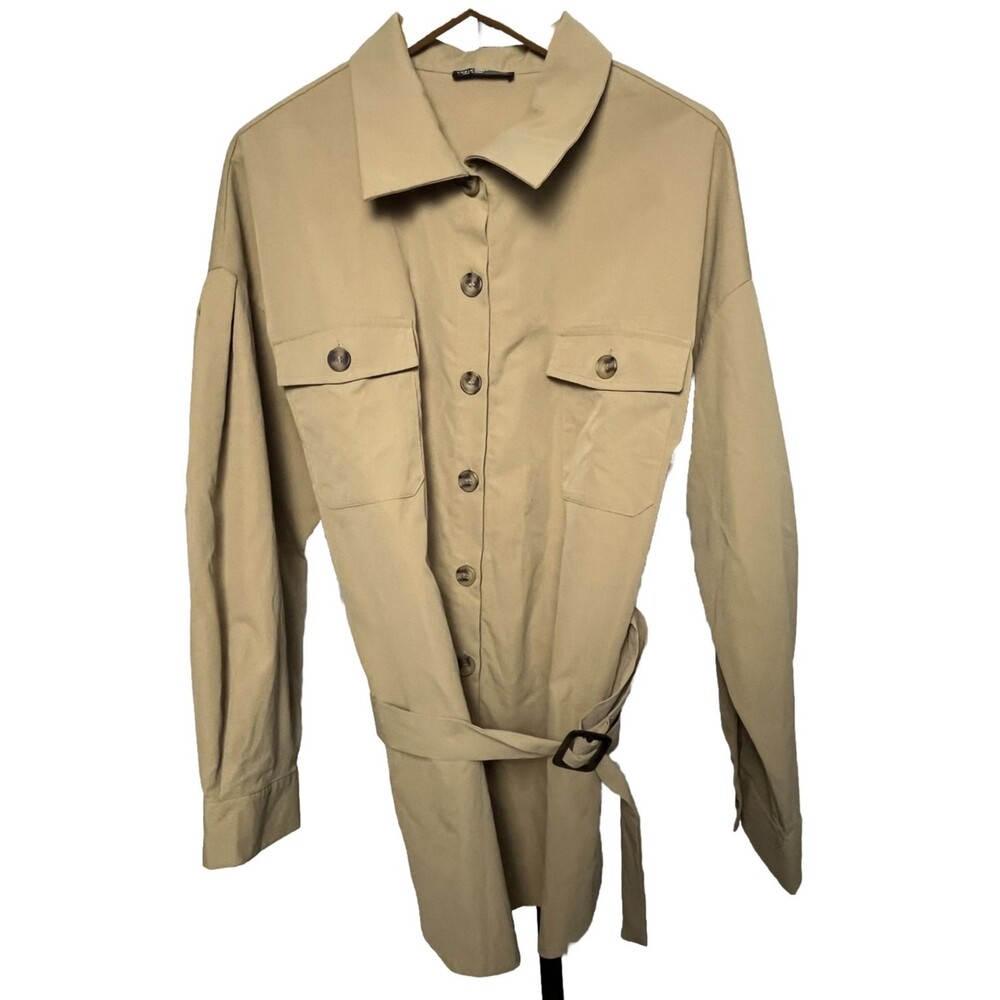 Shein Curve Trench Coat 2XL Neutral Beige Button Up Belt Pocket Classic Academia